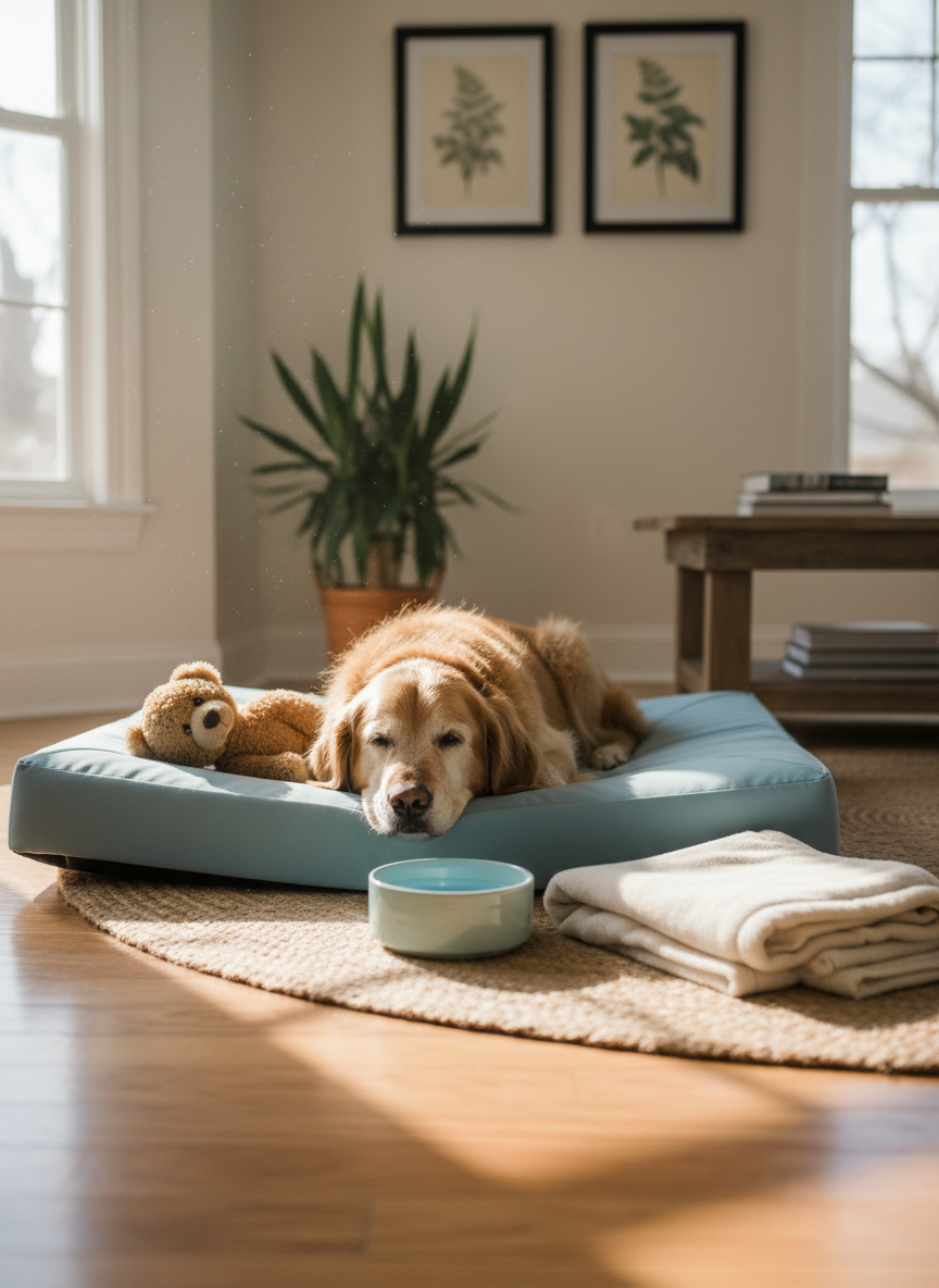 A senior golden retriever lying comfortably on a thick, pale blue orthopedic dog bed placed in the center of a tidy, sunlit living room. The dog’s grey muzzle rests on the edge of the bed beside a well-loved, slightly worn stuffed toy. Nearby, a ceramic water bowl and a neatly folded, soft fleece blanket sit on a natural woven rug. Gentle morning light streams in from a nearby window, illuminating dust motes in the air and casting soft, elongated shadows. Photographic realism, captured from a slightly elevated angle with the dog in sharp focus and the background — framed artwork, a houseplant, and a low coffee table — softly blurred. The atmosphere is calm, tender, and respectful, conveying quiet care and comfort in familiar surroundings.