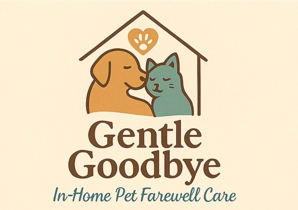 The image is a logo for Gentle Goodbye, an in-home pet farewell care service. It features a house with a dog and cat insid...